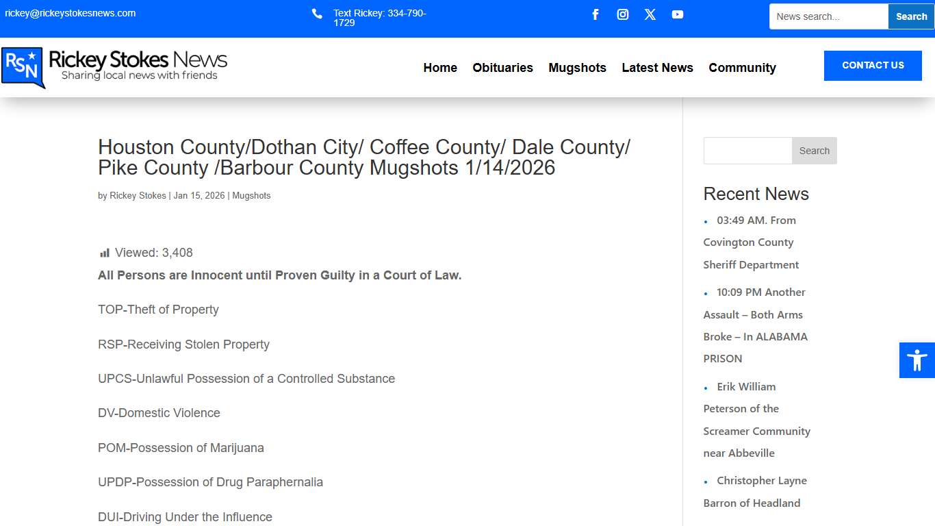 Houston County/Dothan City/ Coffee County/ Dale County/ Pike County /Barbour County Mugshots 1/14/2026 - Rickey Stokes News