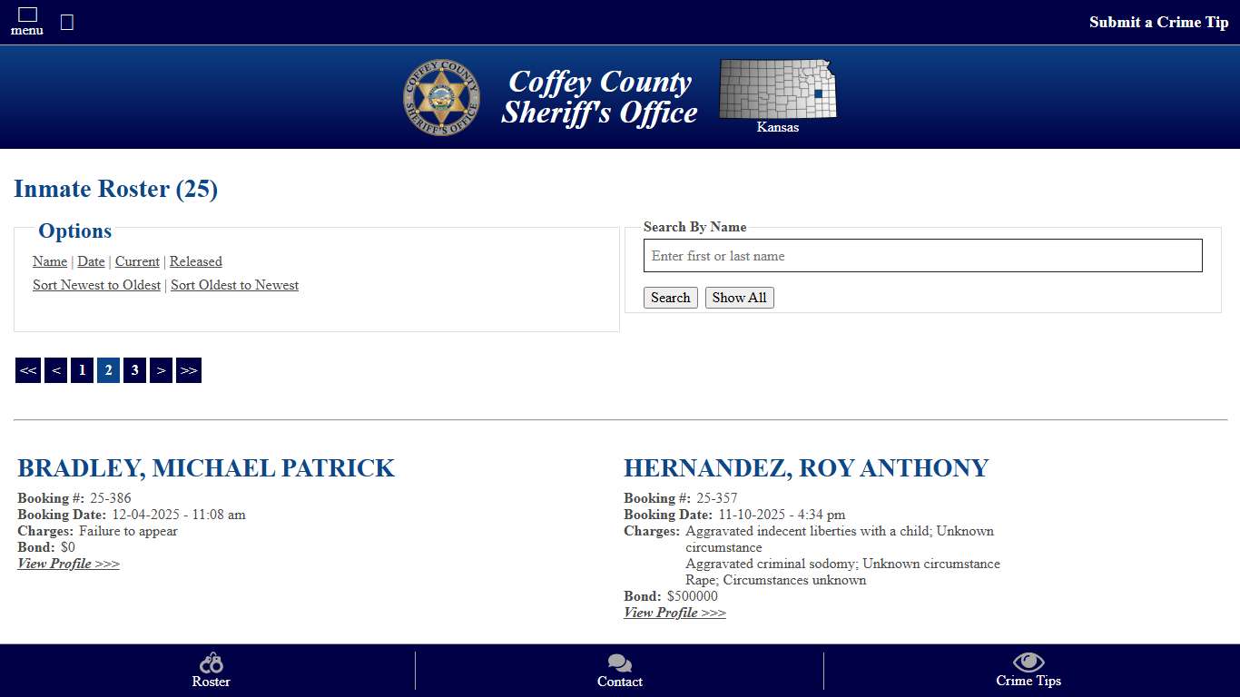 Inmate Roster - Page 2 Current Inmates Booking Date Descending - Coffey County Sheriff's Office | Kansas